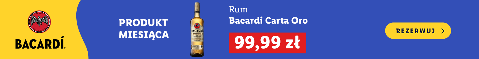 BACARDI Produkt miesiąca; Nazwa produktu: Rum Bacardi Carta Oro; Cena: 99,99 zł; Przycisk: Rezerwuj