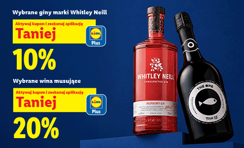 Tylko z Lidl Plus wybrane giny marki Whitley Neill -10% oraz wybrane wina musujące -20%
