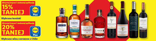 Tylko z Lidl Plus 15 % na wybrane koniaki i 20 % taniej na wybrane wina czerwone z Chile!