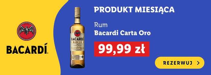 BACARDI Produkt miesiąca; Nazwa produktu: Rum Bacardi Carta Oro; Cena: 99,99 zł; Przycisk: Rezerwuj