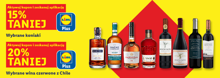 Tylko z Lidl Plus 15 % na wybrane koniaki i 20 % taniej na wybrane wina czerwone z Chile!