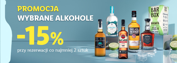 Promocja na wybrane alkohole. Minus 15% przy rezerwacji co najmniej 2 sztuk. 